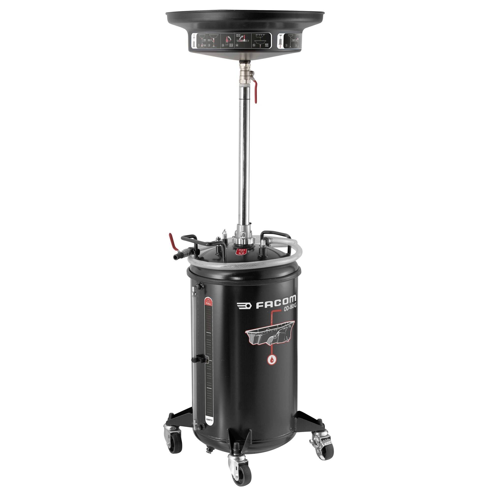 Bac de vidange d'huile mobile avec entonnoir de collecte haute ajustable, réservoir noir sur roues, et jauge de niveau latérale.