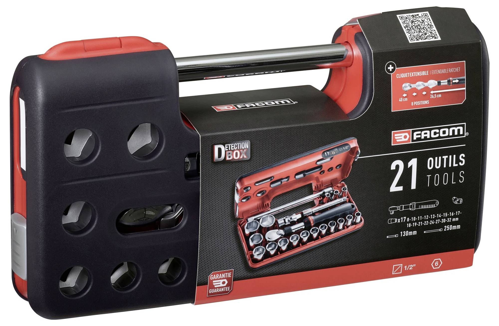 Mallette d'outils Facom rouge et noire étiquetée « 21 outils/tools », montrant un kit de douilles et de clé à cliquet à l'intérieur de l'emballage avec une poignée de transport et des trous pour cadenas.