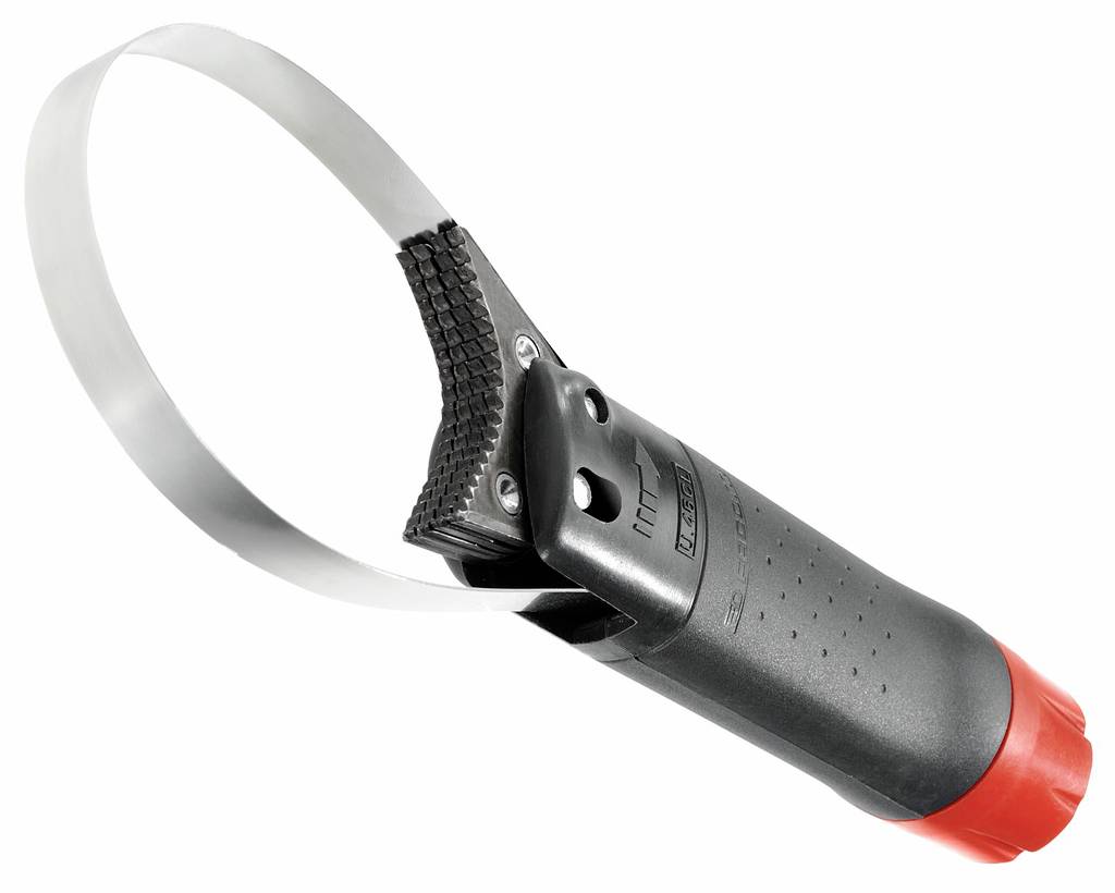 Outil de tension de sangle portatif avec une bande blanche en boucle, une poignée noire et un capuchon rouge sur un fond blanc.