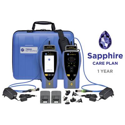 Plan d'assistance Sapphire Care Trend Networks 1 an pour testeurs de câbles LanTEK IV, présenté avec étui de transport, deux testeurs, adaptateurs et accessoires.