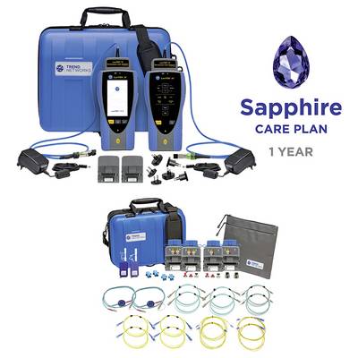 Forfait Sapphire Care Plan Trend Networks 1 an comprenant deux testeurs portatifs, étui de transport bleu, accessoires, câbles et cordons de brassage en fibre optique.