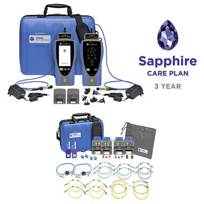 Image promotionnelle du kit de test Trend Networks avec étui et appareils, étiqueté « Plan de soins Sapphire » et « 3 ans », montrant les câbles inclus, adaptateurs et accessoires.