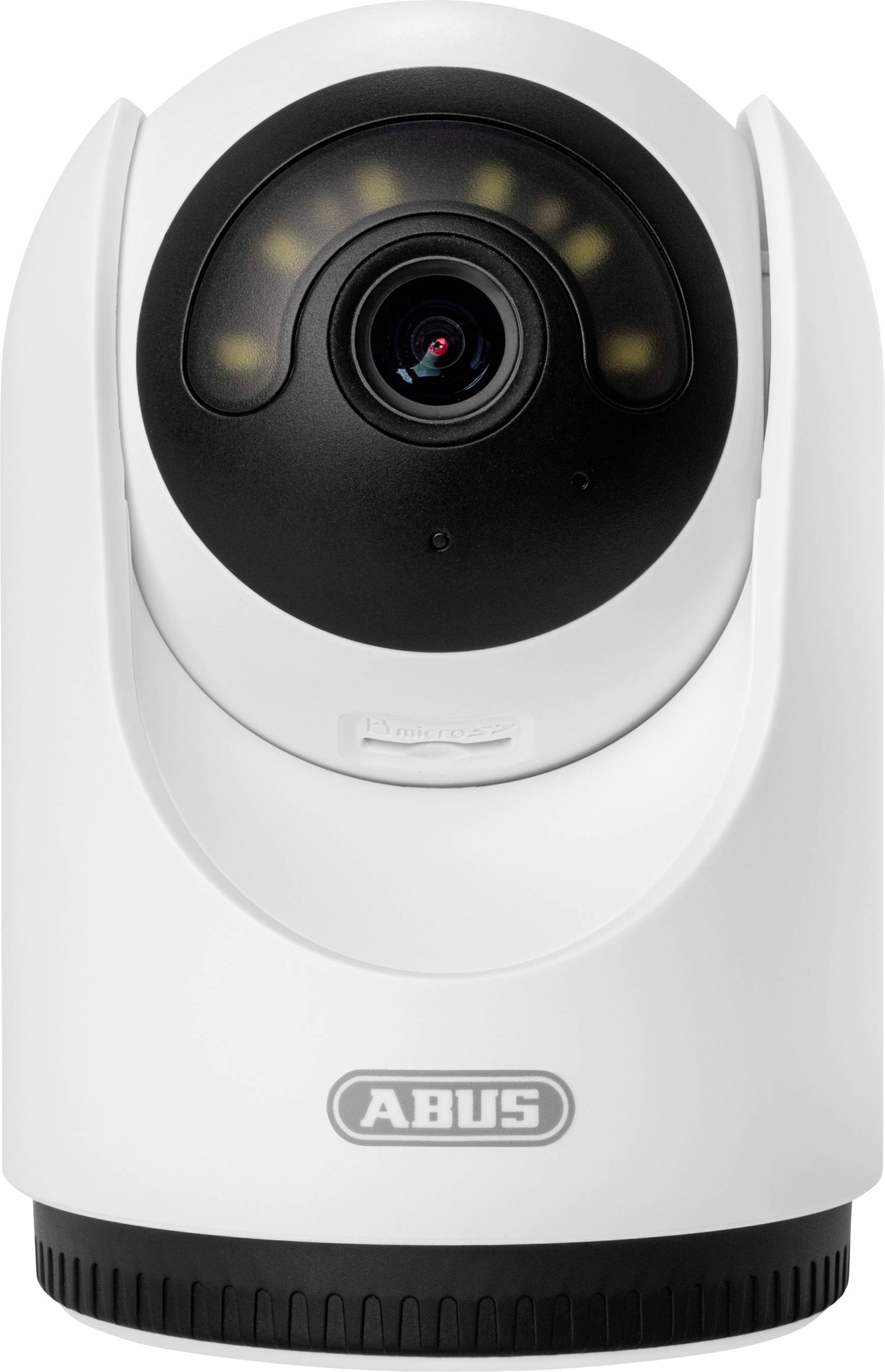 Caméra de sécurité ABUS blanche avec objectif noir et face circulaire foncée, présentée en vue de face sur un fond uni.