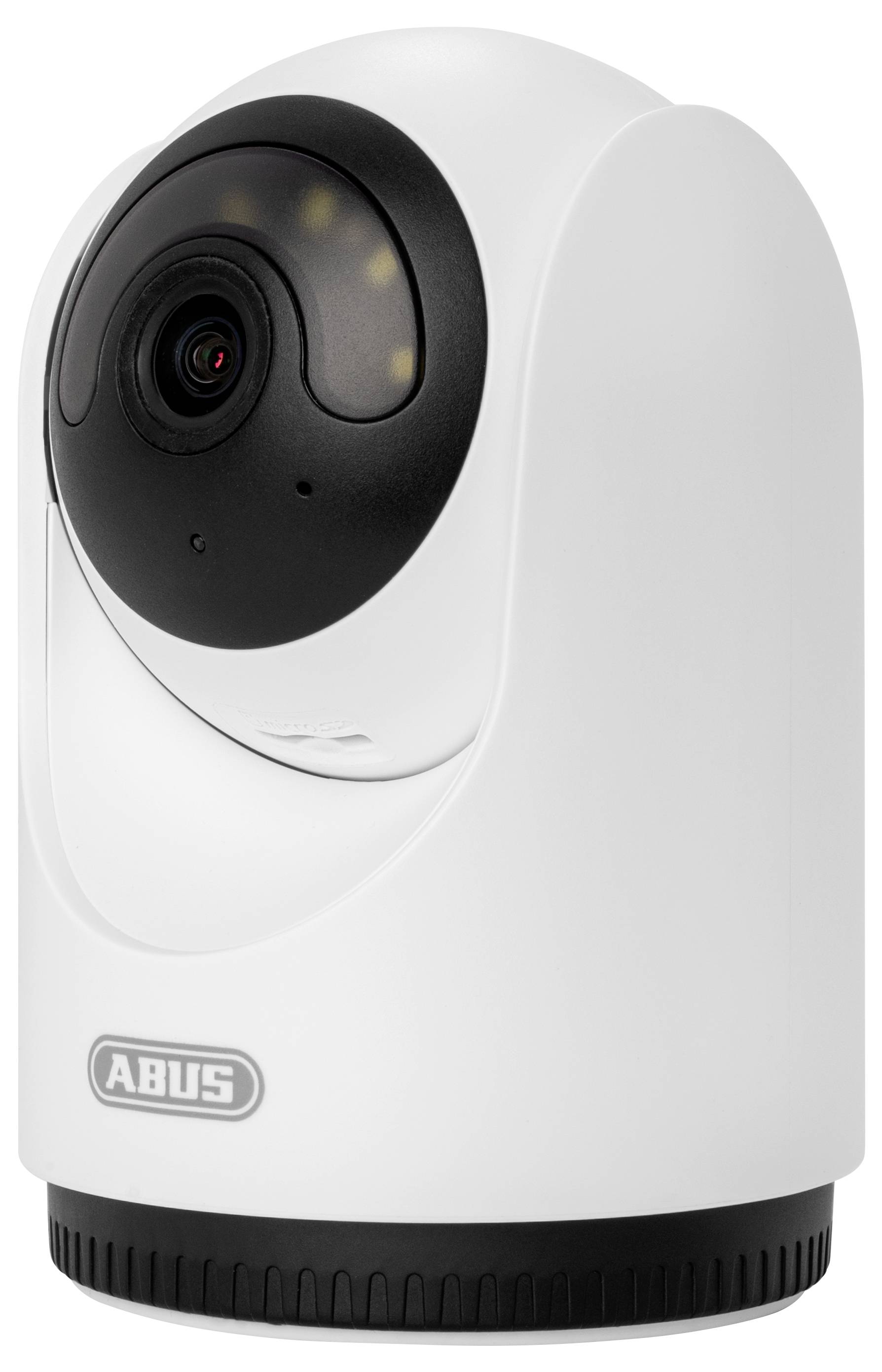Caméra de sécurité intérieure ABUS blanche avec module de lentille noir, présentée en gros plan sur un fond neutre.
