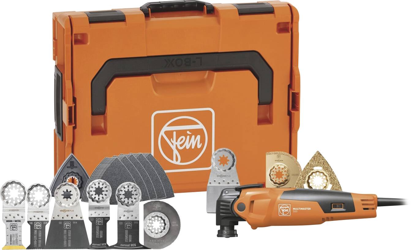Mallette à outils Orange Fein avec multi-outil oscillant, lames, disques de ponçage et accessoires disposés devant