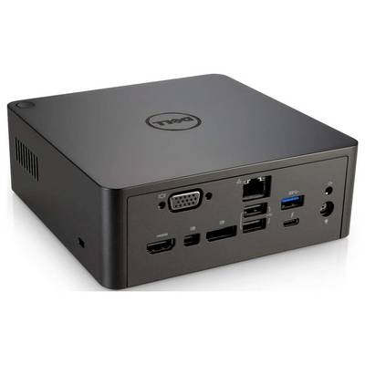 Ordinateur de bureau miniature Dell noir avec ports avant, incluant USB, audio, Ethernet, VGA, DisplayPort et HDMI