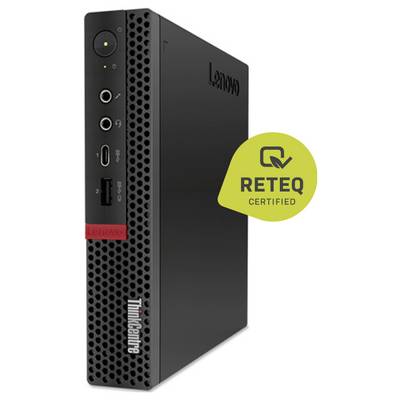 Ordinateur de bureau Lenovo ThinkCentre de petite taille montré de face-gauche, avec bouton d'alimentation, ports et un badge « RETEQ CERTIFIED ».