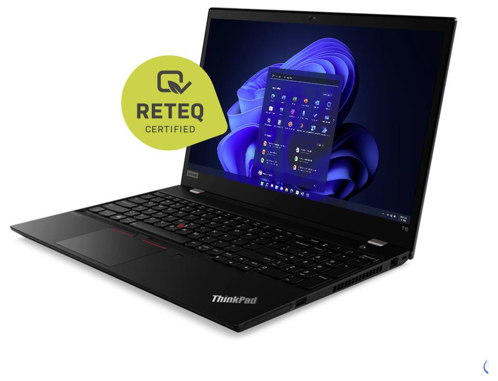 Ordinateur portable Lenovo ThinkPad noir ouvert sur Windows 11, présenté avec un badge jaune « RETEQ CERTIFIED ».