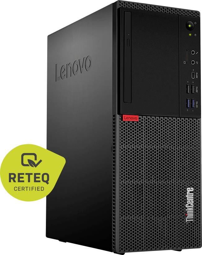 Tour de bureau Lenovo ThinkCentre noire avec ports USB à l'avant et un badge jaune « RETEQ CERTIFIED ».