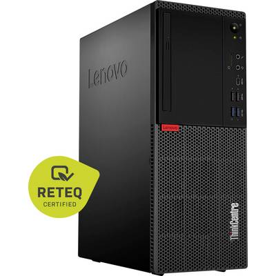 Tour de bureau Lenovo ThinkCentre noire avec ports USB à l'avant et un badge jaune « RETEQ CERTIFIED ».