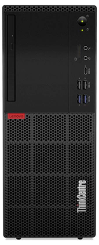Vue de face d'une tour de bureau Lenovo ThinkCentre, boîtier noir avec des évents perforés inférieurs et des ports USB avant, boutons d'audio et d'alimentation.
