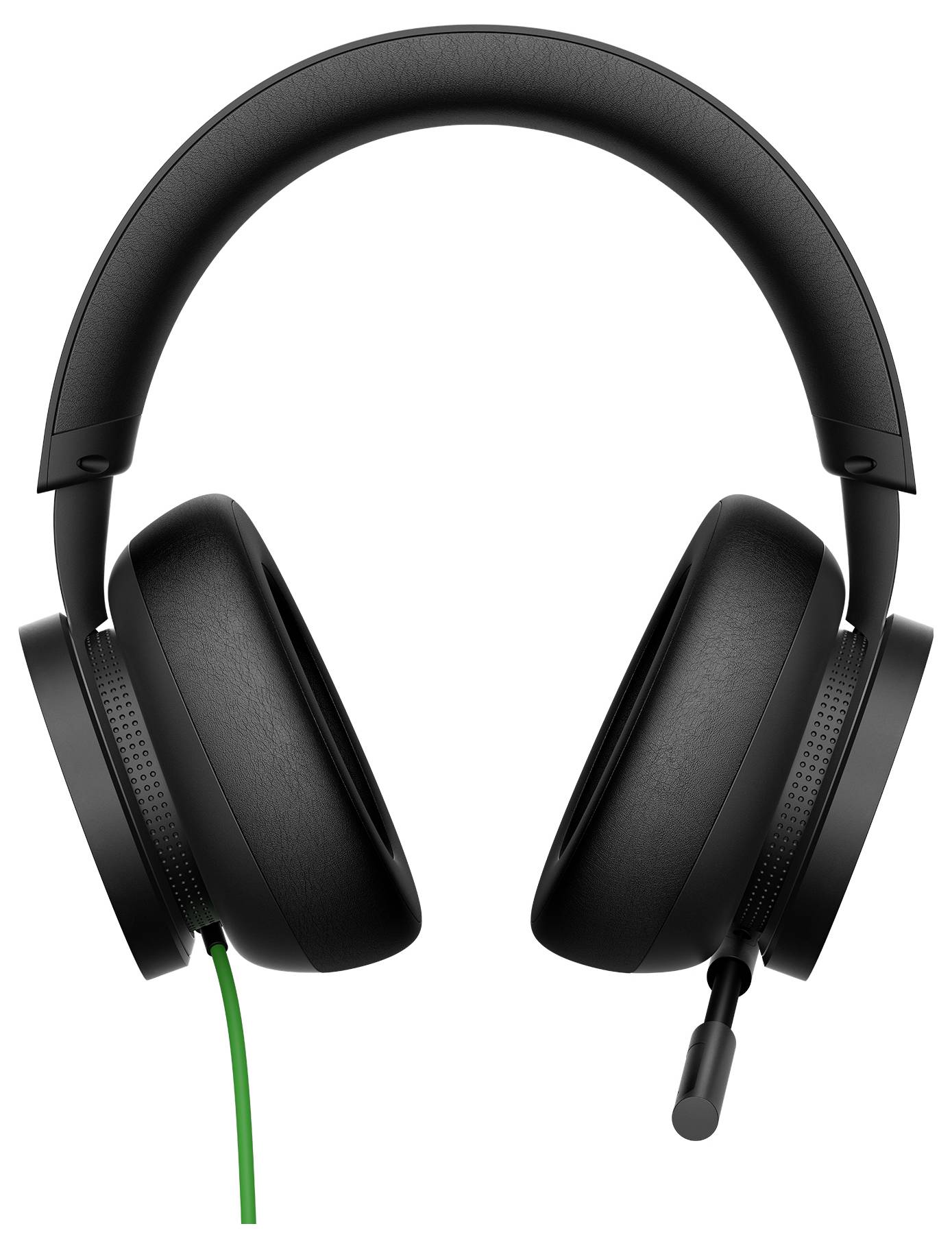 Casque filaire supra-auriculaire noir avec bandeau rembourré, microphone à boom, et câble vert sur fond blanc