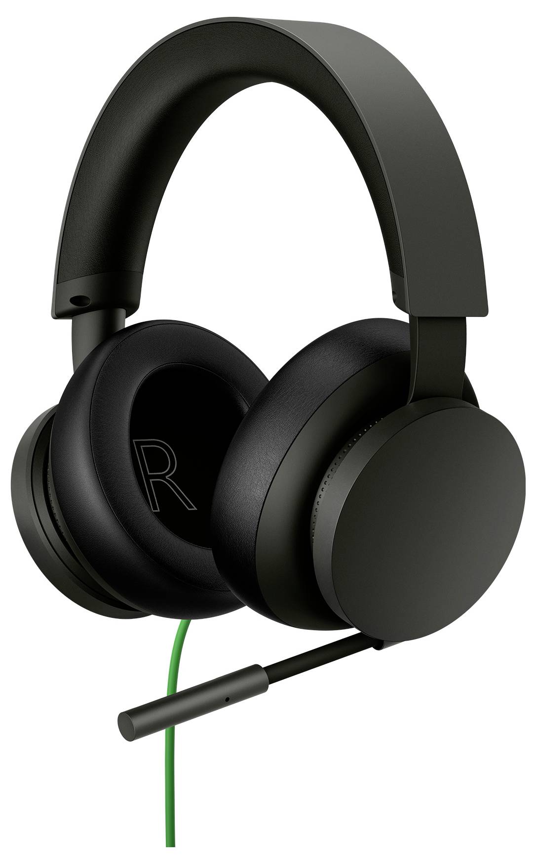 Casque de jeu supra-auriculaire noir avec microphone à perche et câble vert, présenté sur un fond blanc.