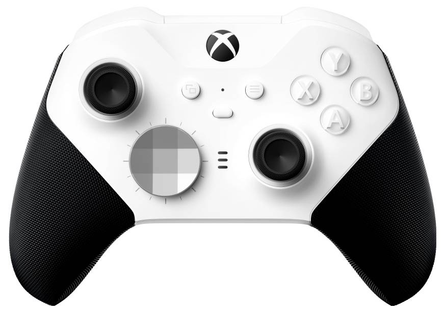 Manette de jeu de style Xbox blanche avec des prises noires, deux joysticks analogiques, pavé directionnel, boutons faciaux et une grande commande de type cadran sur le côté gauche.