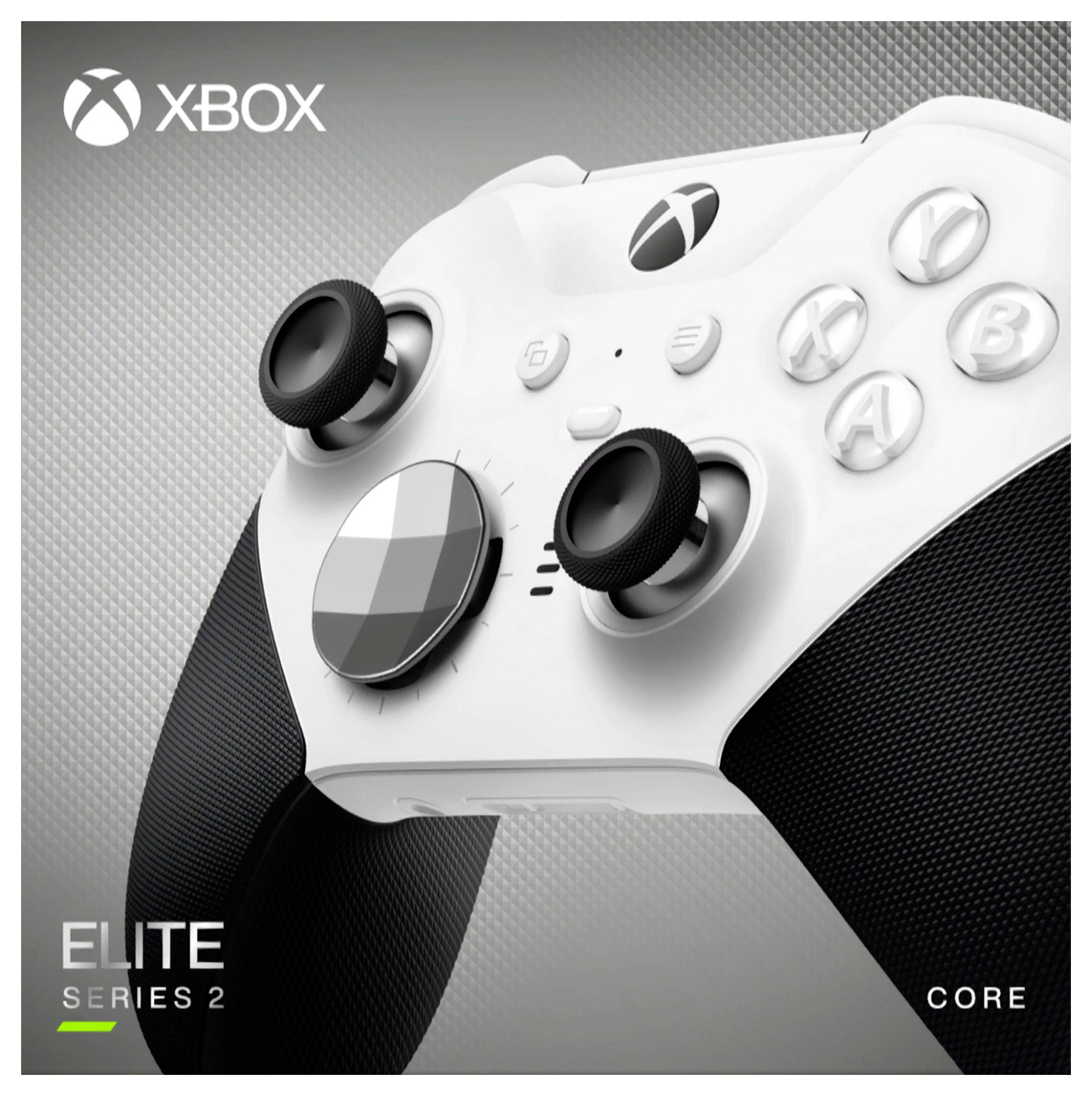 Manette sans fil Xbox Elite Series 2 Core blanche avec poignées et joysticks noirs, présentée dans une image de promotion produit.