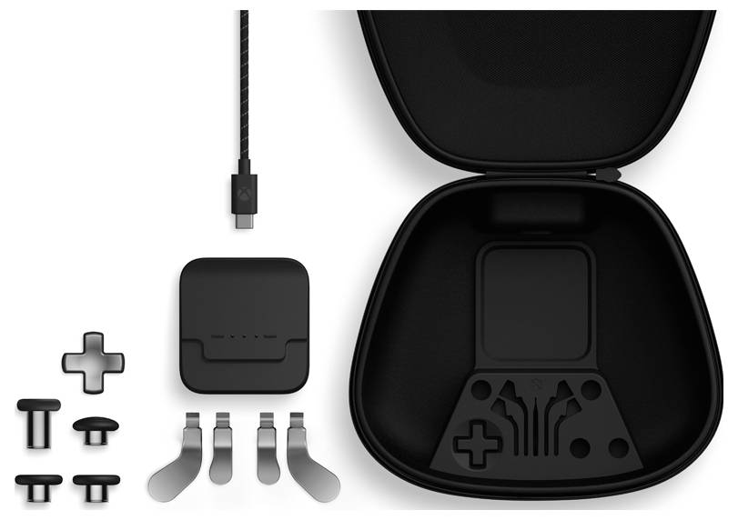 Kit de manette de jeu portable avec étui de transport, câble de charge, support de manette et plusieurs accessoires de joystick/boutons affichés sur fond blanc.