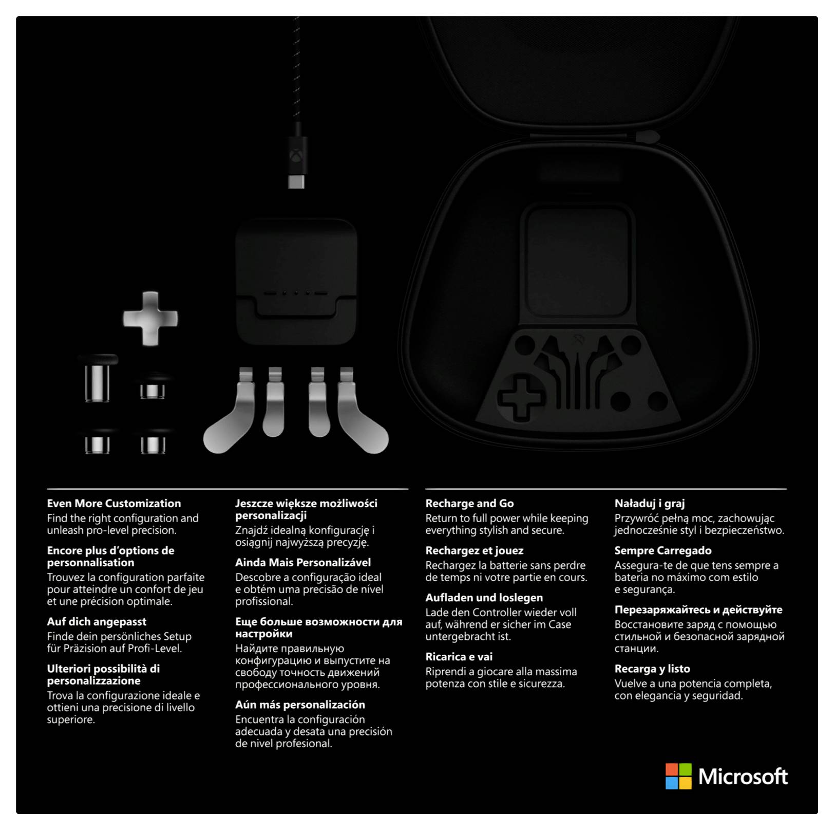 Annonce Microsoft sombre présentant un kit d'accessoires/manette de jeu personnalisable dans un étui de recharge, avec des descriptions de fonctionnalités multilingues et le logo Microsoft.