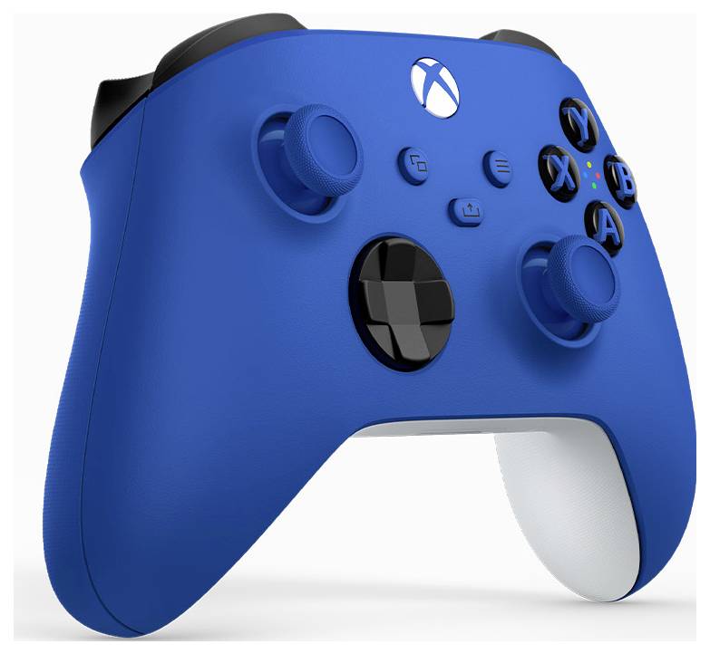Manette de jeu de style Xbox bleue avec des boutons noirs et des poignées blanches sur un fond blanc.