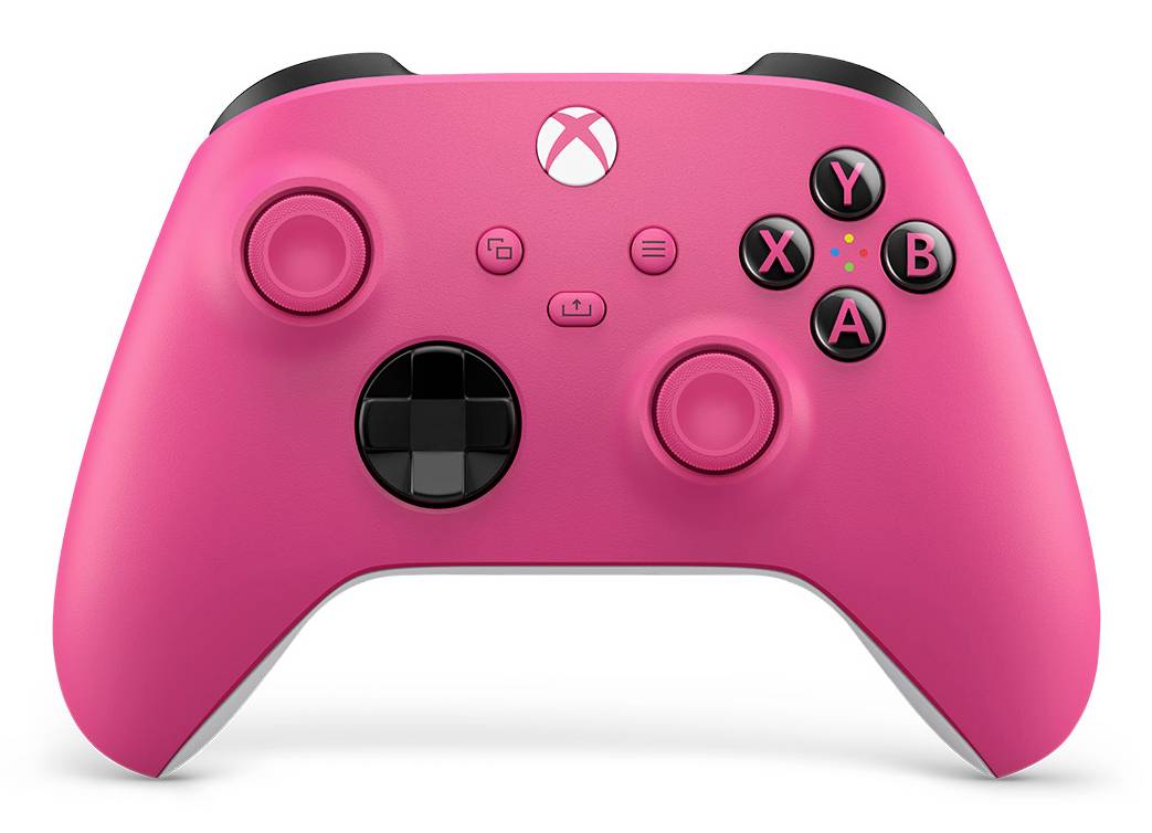 Manette de jeu Xbox rose présentée en vue de face avec des boutons noirs, des stick analogiques, un D-pad et un logo sur un fond blanc.