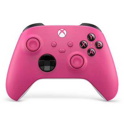 Manette de jeu Xbox rose présentée en vue de face avec des boutons noirs, des stick analogiques, un D-pad et un logo sur un fond blanc.
