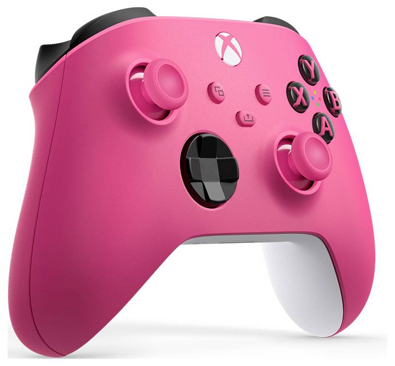Manette de jeu style Xbox rose avec des boutons noirs et des joysticks sur un fond blanc.