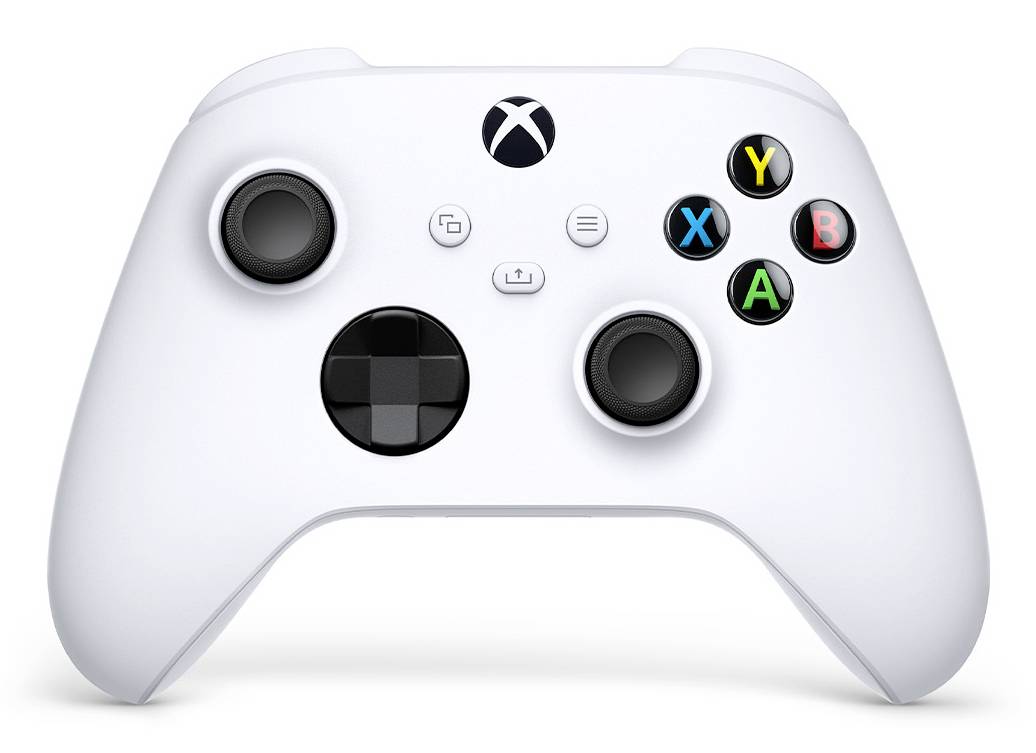 Manette de jeu Xbox blanche avec des joysticks noirs, un pavé directionnel et des boutons A/B/X/Y colorés, présentée en vue de face sur un fond uni.