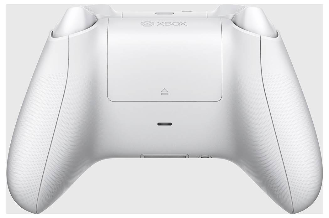 Manette de jeu Xbox blanche présentée en vue de face sur un fond clair, avec logo Xbox centré et poignées et boutons symétriques.