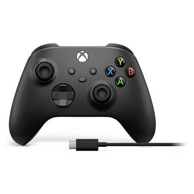 Manette de jeu sans fil Xbox noire avec câble USB-C attaché, présentée de face sur un fond blanc.