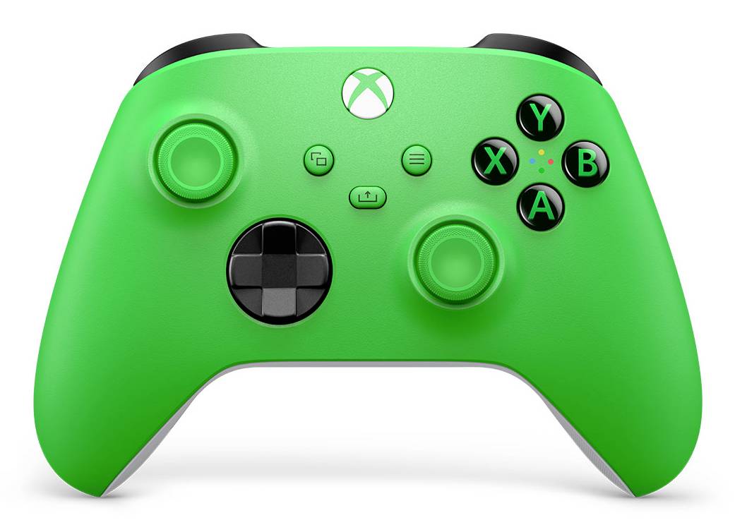 Manette de jeu sans fil Xbox verte présentée de face avec les joysticks, le pavé directionnel, les boutons ABXY et le logo Xbox.
