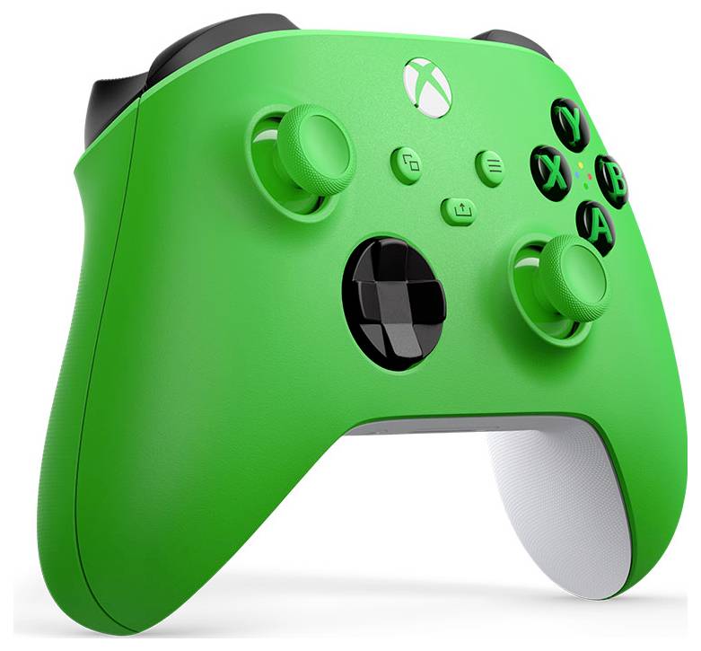 Manette de jeu de style Xbox vert vif avec des accents noirs et blancs, présentée sur un fond blanc pur.