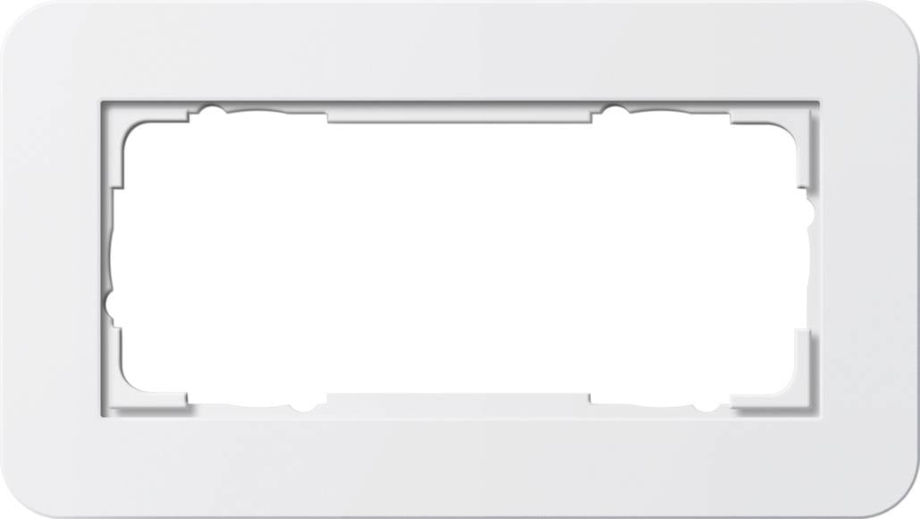 Cadre ou porte-étiquette rectangulaire blanc vierge sur un fond gris clair arrondi.