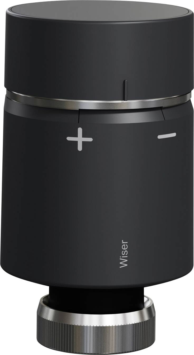 Cadran de thermostat intelligent Wiser cylindrique noir avec commandes tactiles plus et moins et un anneau d'ajustement argenté à la base.