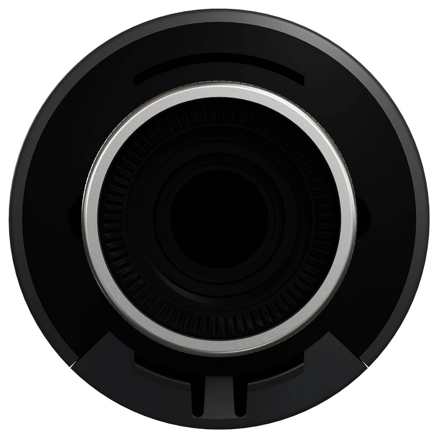 Gros plan d'un objectif de caméra noir ou d'une icône d'objectif avec une bague métallique argentée, centré sur un fond uni.