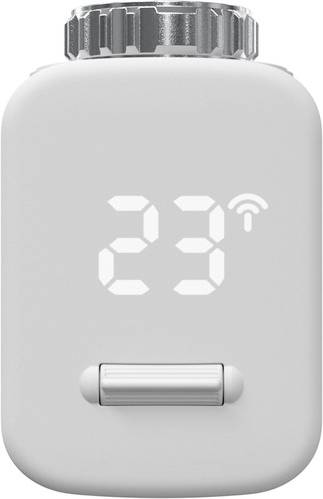 Thermostat intelligent blanc ou dispositif de valve affichant « 23 » avec une icône de signal sans fil à l'avant.