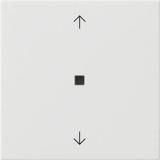 Carré blanc minimaliste avec une flèche pointant vers le haut en haut, un petit carré noir au centre, et une flèche pointant vers le bas en bas.