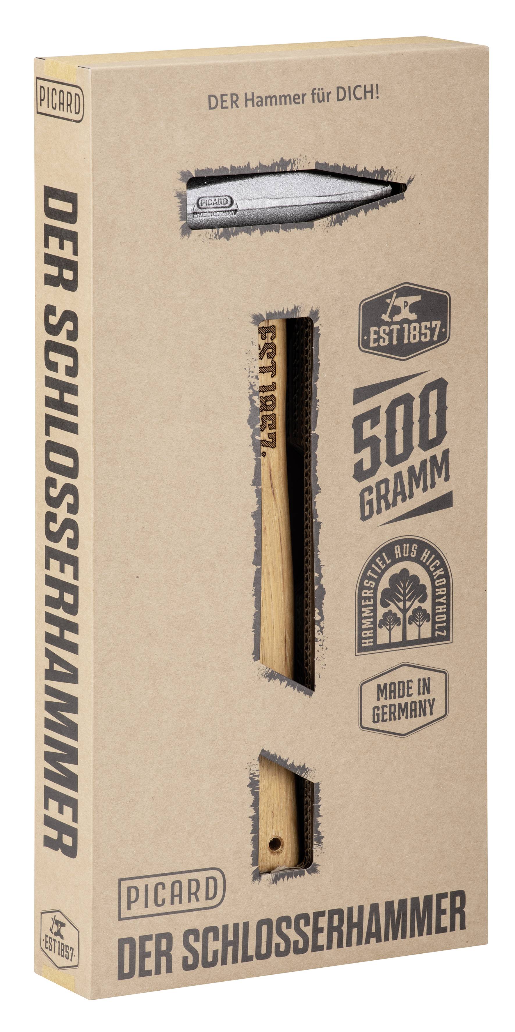 Boîte de produit PICARD « DER SCHLOSSERHAMMER » montrant une illustration de marteau, poids de 500 grammes, et marquage « Fabriqué en Allemagne ».