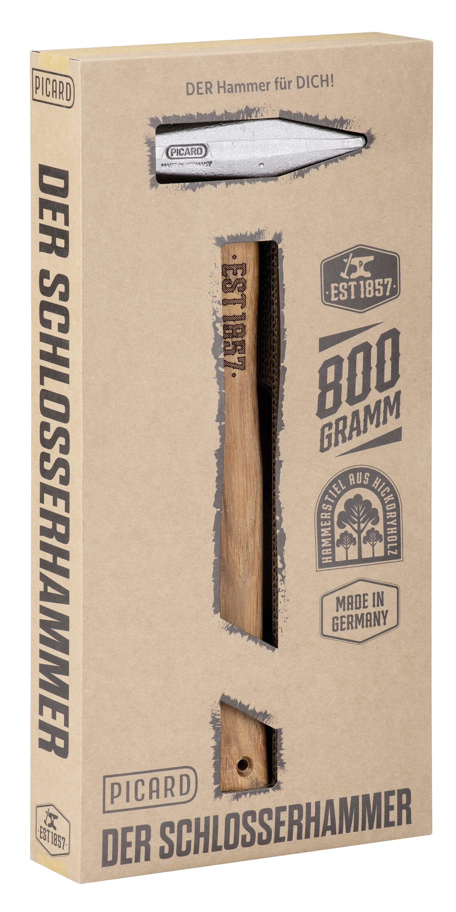 Boîte de produit PICARD 'LE MARTEAU DE SERRURIER' montrant une illustration de marteau et '800 GRAMMES', 'FABRIQUÉ EN ALLEMAGNE', et autre texte de marque.