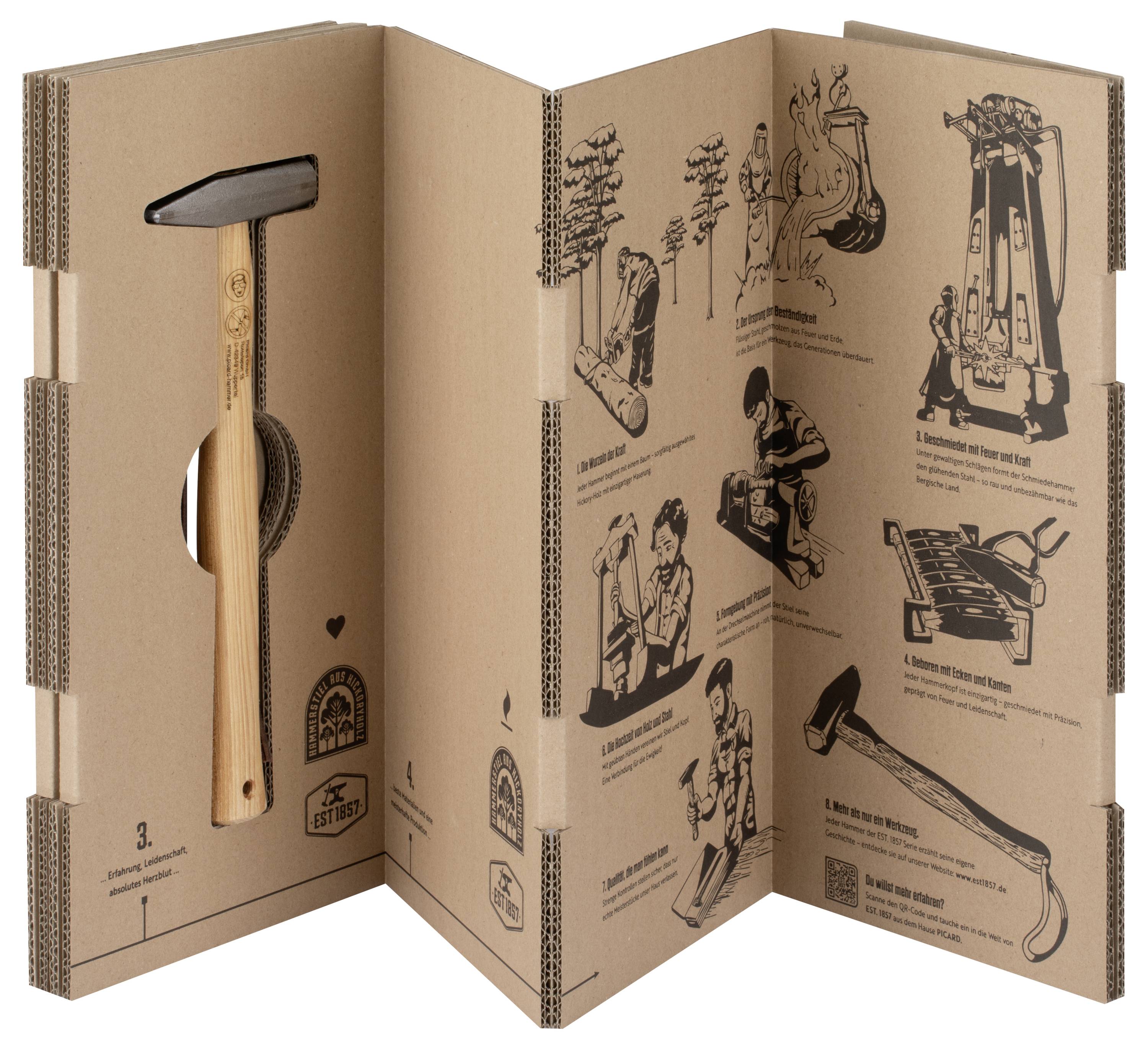 Emballage en carton présentant une hache à l'intérieur d'un insert plié avec des instructions illustrées étape par étape sur l'utilisation et la sécurité.