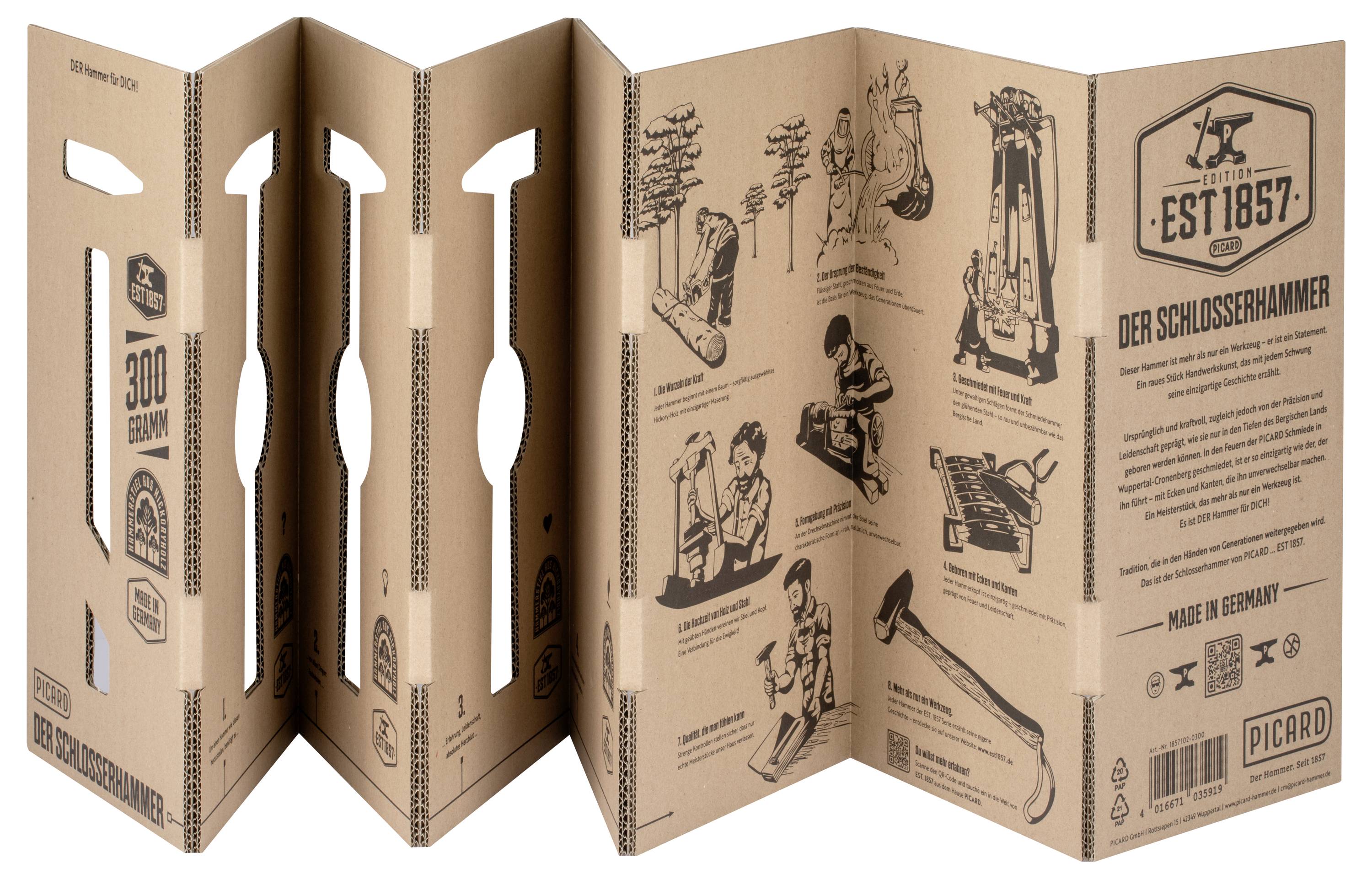 Boîte d'emballage en carton plié avec poignées découpées et illustrations imprimées, présentant le logo « EST. 1857 » et les informations sur le produit.