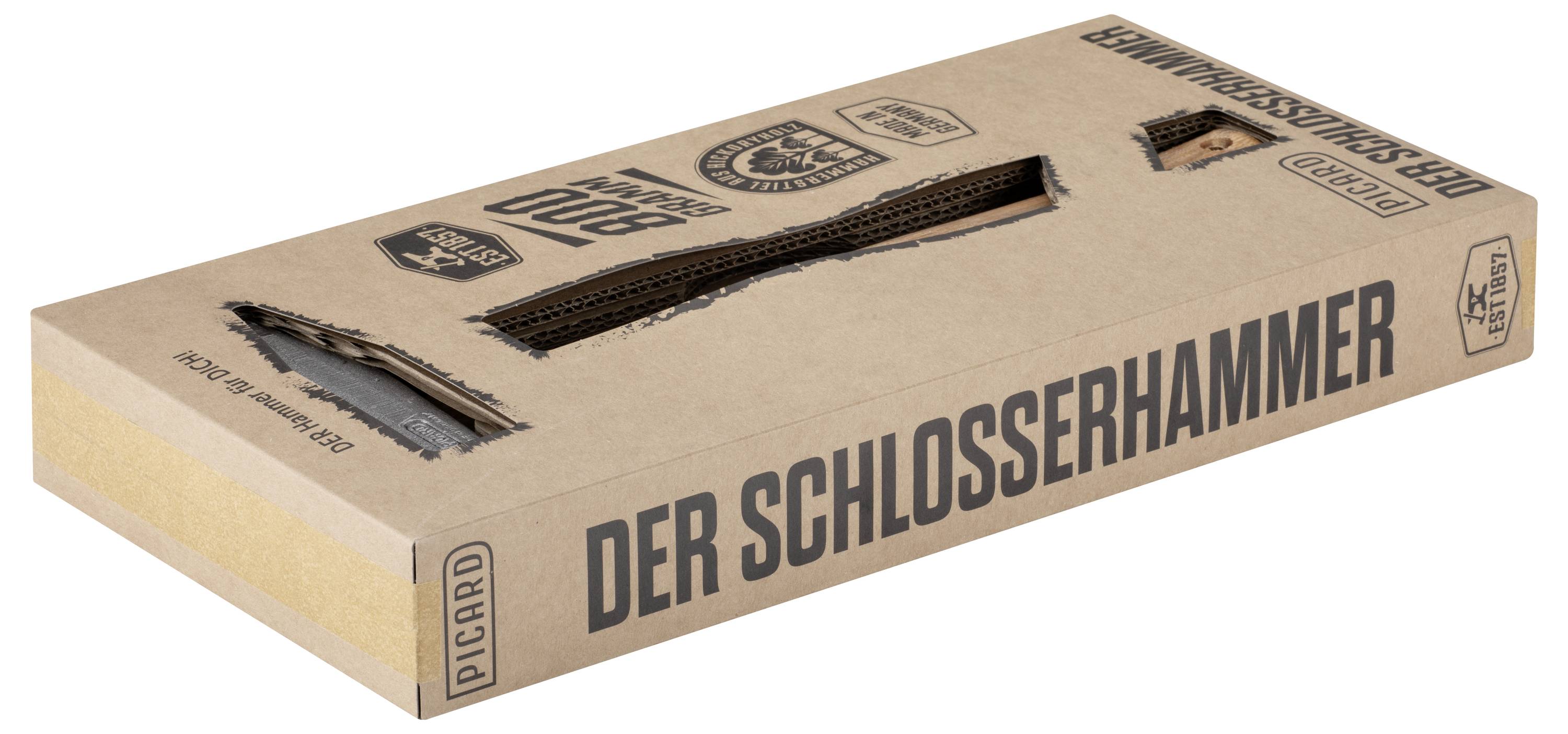 Boîte en carton pour « DER SCHLOSSERHAMMER » avec logos imprimés et poignée découpée sur un fond blanc.