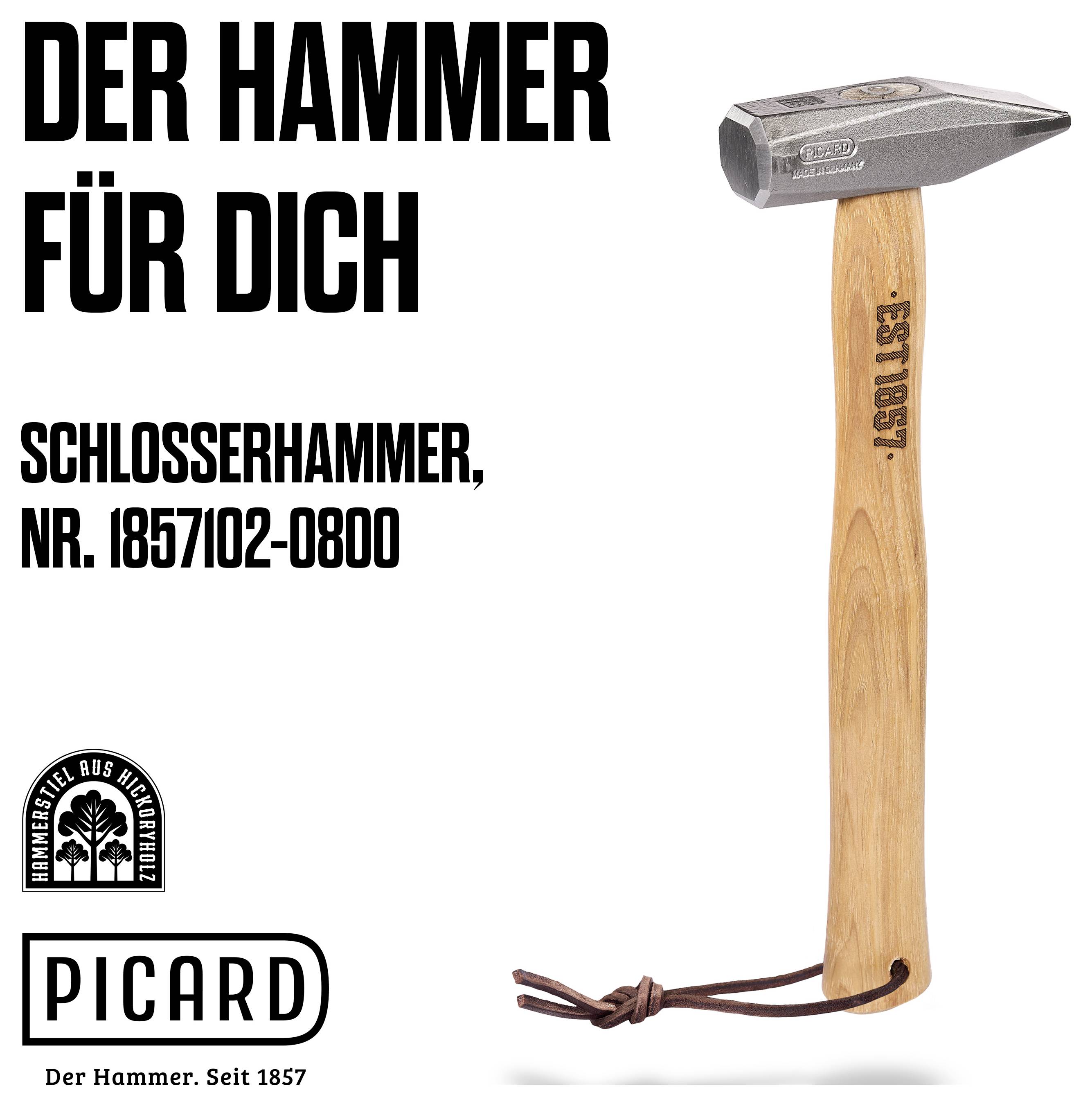 Publicité pour le marteau de serrurier PICARD, montrant un marteau et du texte allemand « DER HAMMER FÜR DICH » et « SCHLOSSERHAMMER, NR. 1857102-0800 ».