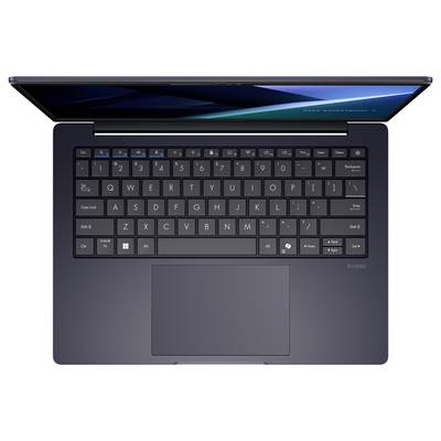 Vue de dessus d'un fin ordinateur portable noir, ouvert montrant le clavier et un grand pavé tactile.