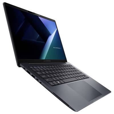Ordinateur portable gris foncé ouvert présenté sous un angle sur un fond blanc, avec l'écran allumé et le clavier visible.