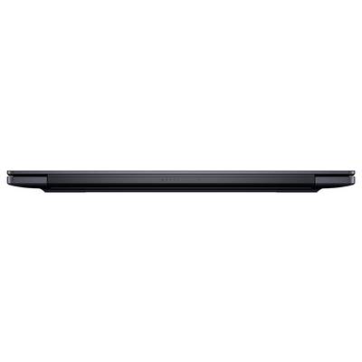 Vue latérale d'un ordinateur portable noir fermé, montrant le profil mince du clavier et de la base.