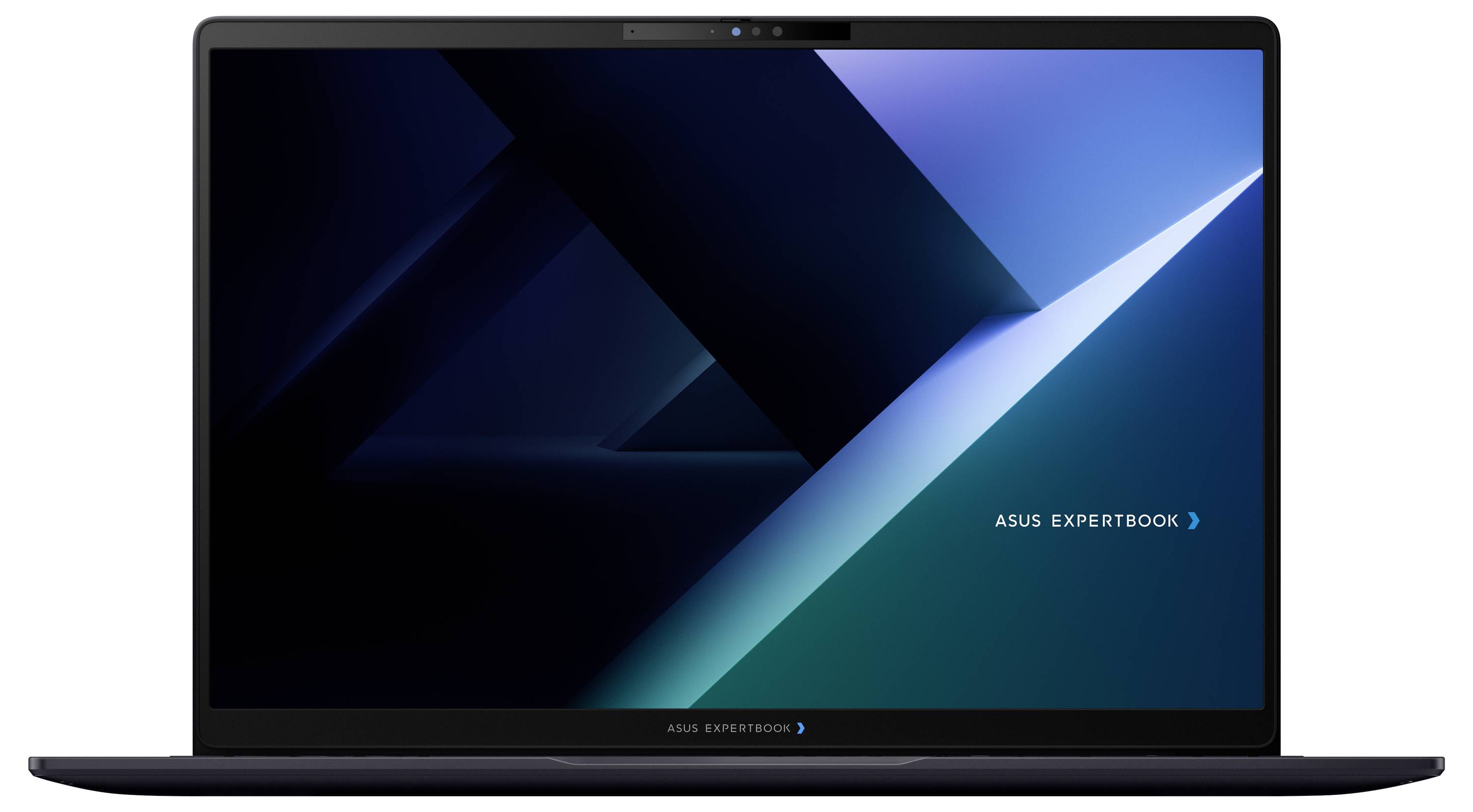Ouverture du portable ASUS ExpertBook affiché de face avec un écran bleu géométrique foncé affichant le logo « ASUS EXPERTBOOK »
