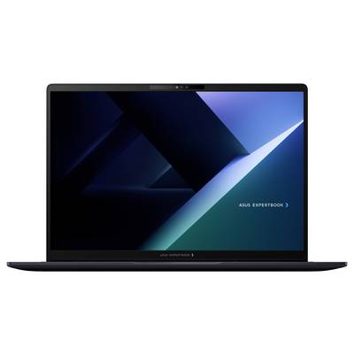 Ouverture du portable ASUS ExpertBook affiché de face avec un écran bleu géométrique foncé affichant le logo « ASUS EXPERTBOOK »