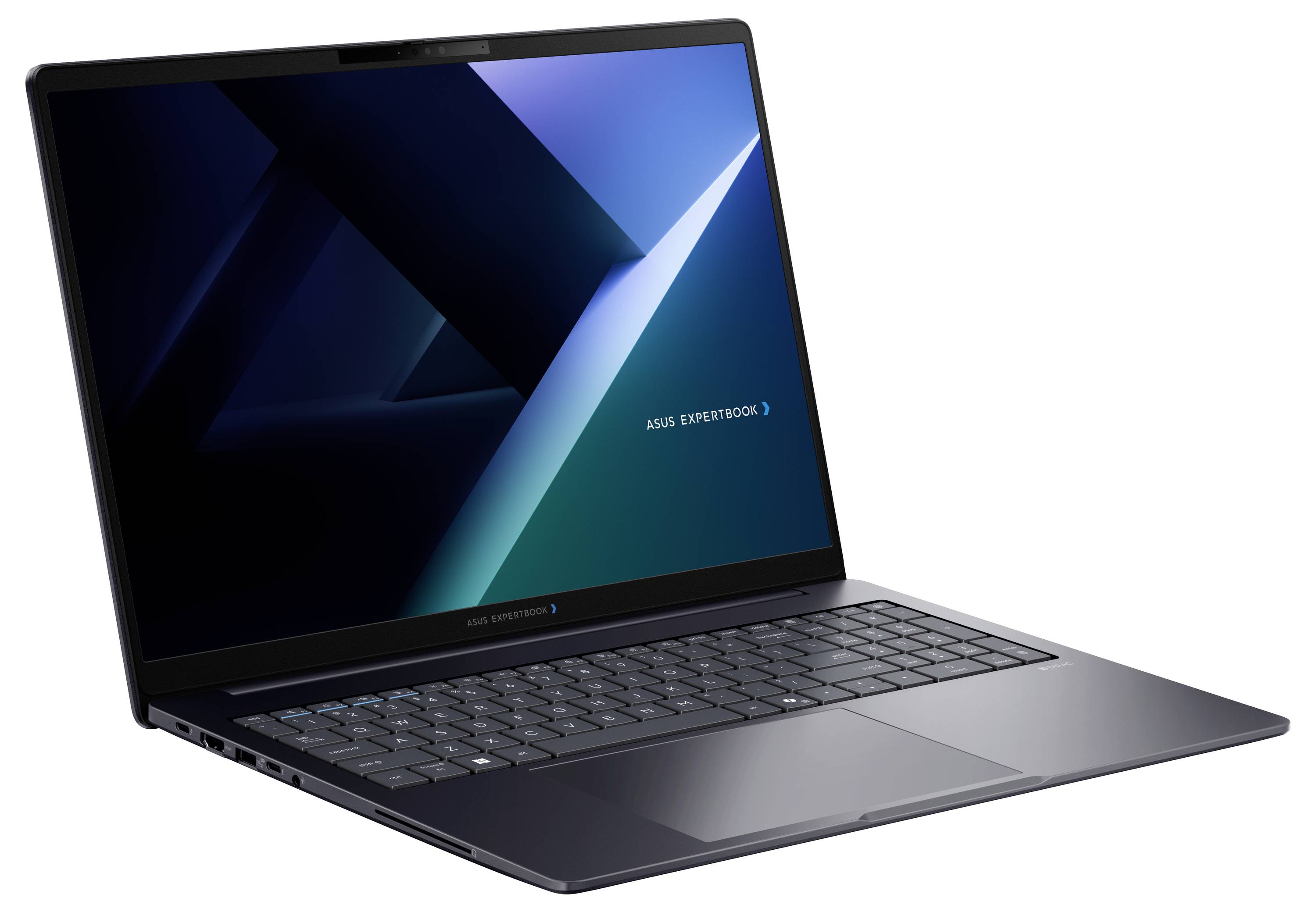 Un ordinateur portable ASUS ouvert présenté sous un angle, avec un fond d'écran géométrique foncé sur l'écran et un clavier fin sur un fond blanc.