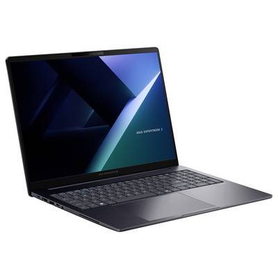 Un ordinateur portable ASUS ouvert présenté sous un angle, avec un fond d'écran géométrique foncé sur l'écran et un clavier fin sur un fond blanc.
