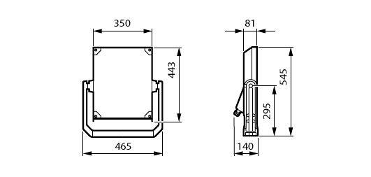 Dessin technique de dimensions d'une chaise ou d'un siège, montrant les vues de face et de côté avec les mesures 350, 443, 465, 81, 545, 295 et 140.