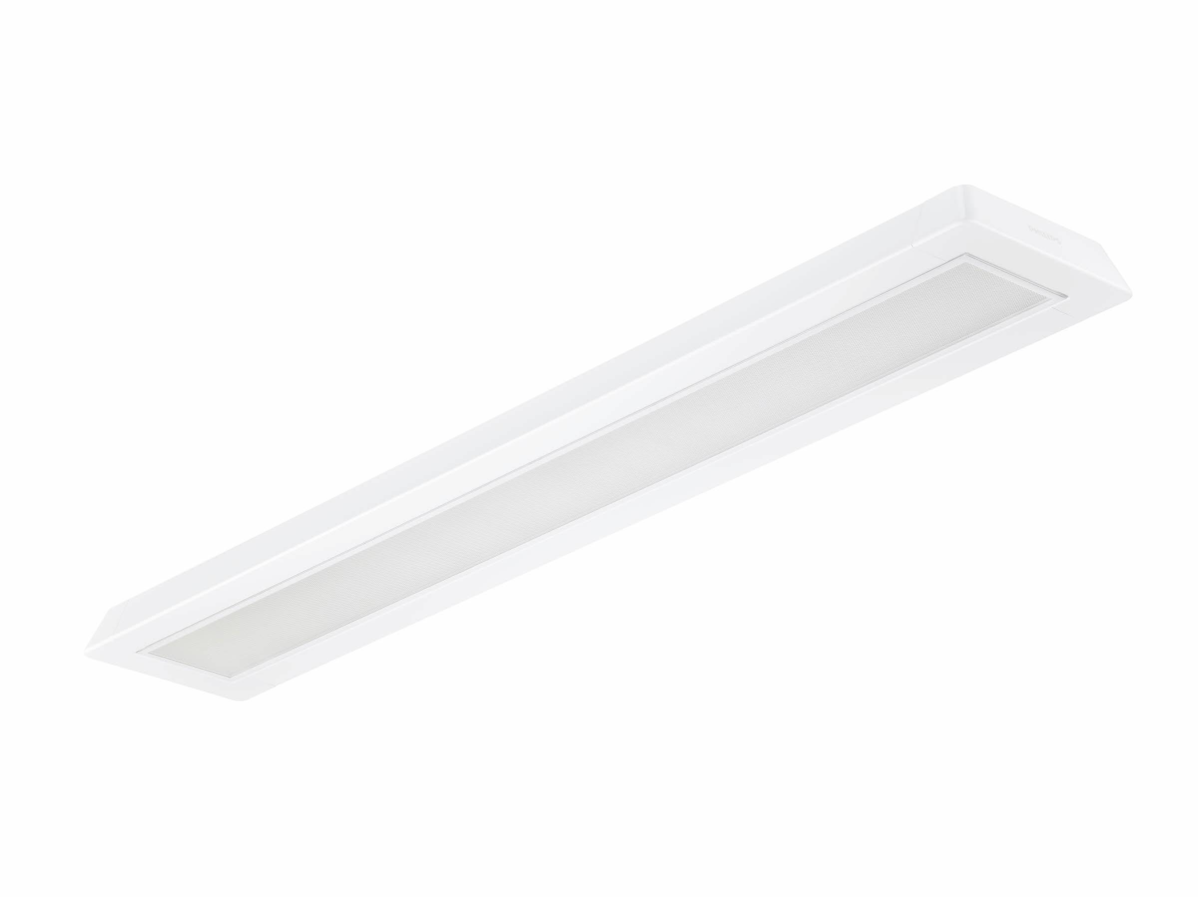 Panneau de luminaire encastré rectangulaire avec un cadre blanc épuré et une lumière diffusée, présenté sur un fond neutre.